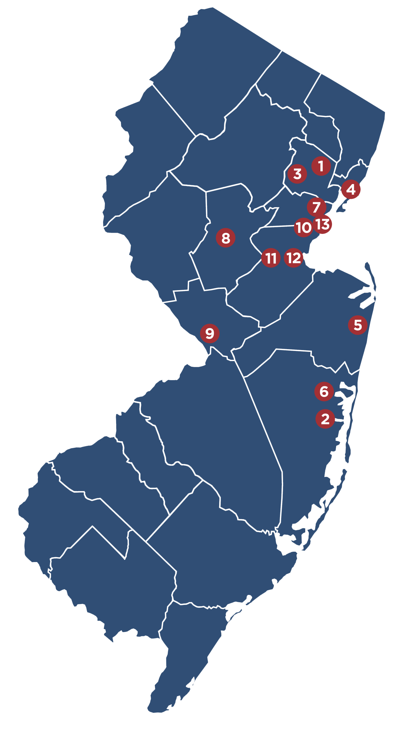 blue map of the state of New Jersey with 13 RWJBH hospital locations marked