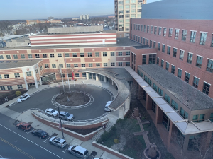 Outside aerial view of University Hospital in New Brunswick, New Jersey