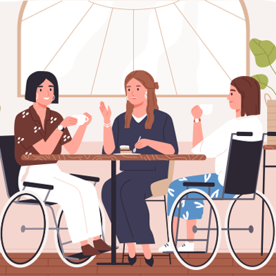 illustration of three people sitting at a lunch table, two in wheelchairs